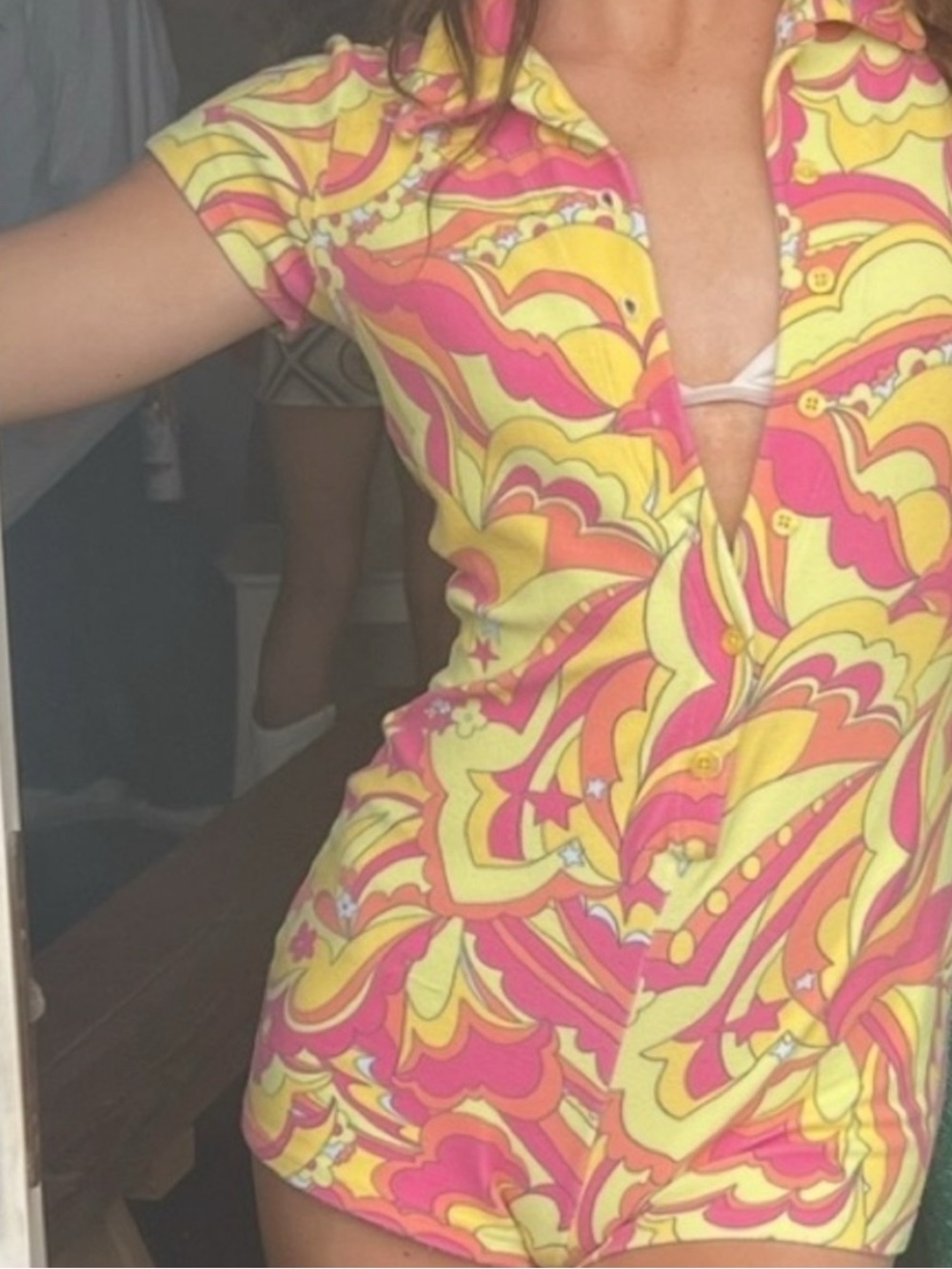 Frankie's Bikinis Pink, Yellow & Orange Psychedelic Print Romper